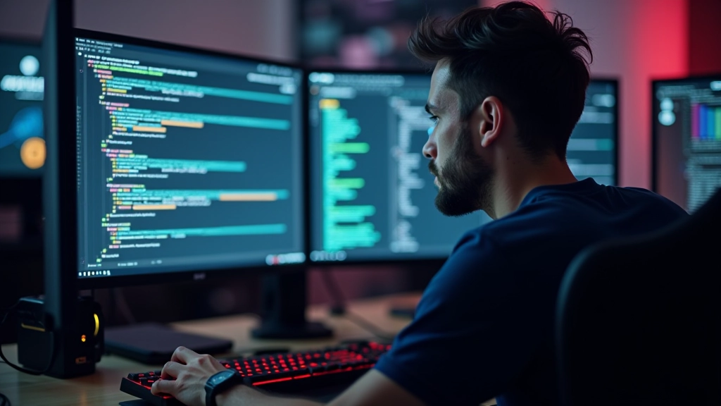 Game designer analyzing feedback data on multiple monitors during a playtesting session