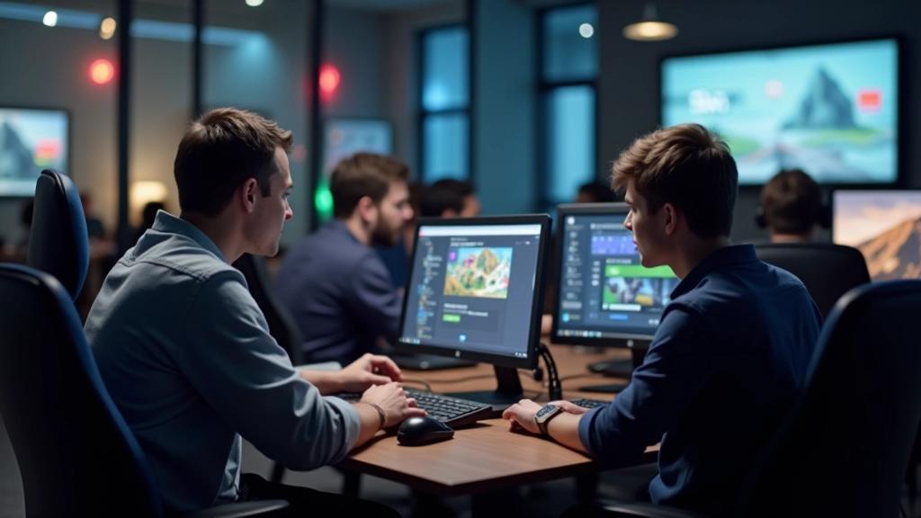Game developer leading a playtesting session with multiple players at computers in a modern studio environment