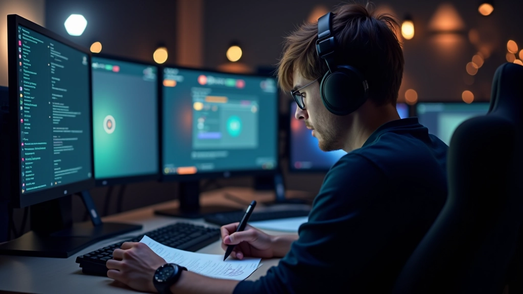 Game developer reviewing player feedback notes on desk with multiple monitors