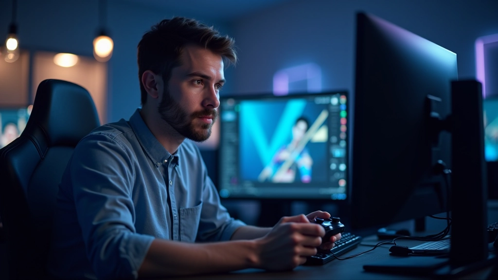 Game tester evaluating gameplay mechanics at a workstation with multiple monitors and controller