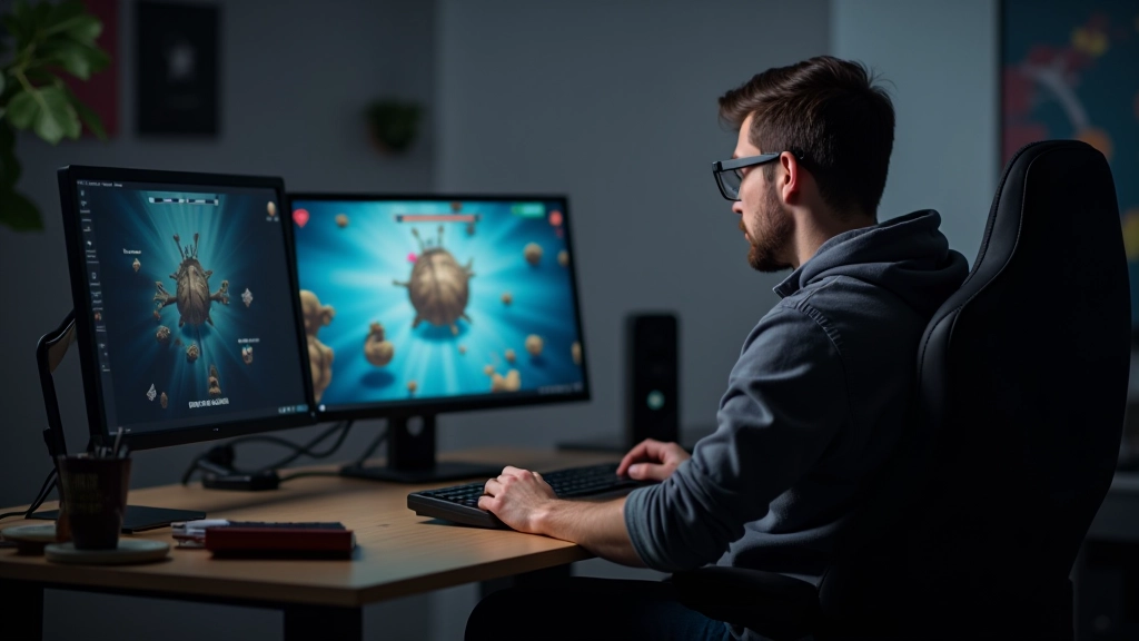 Playtester seated at desk playing game while team member observes and takes notes on feedback