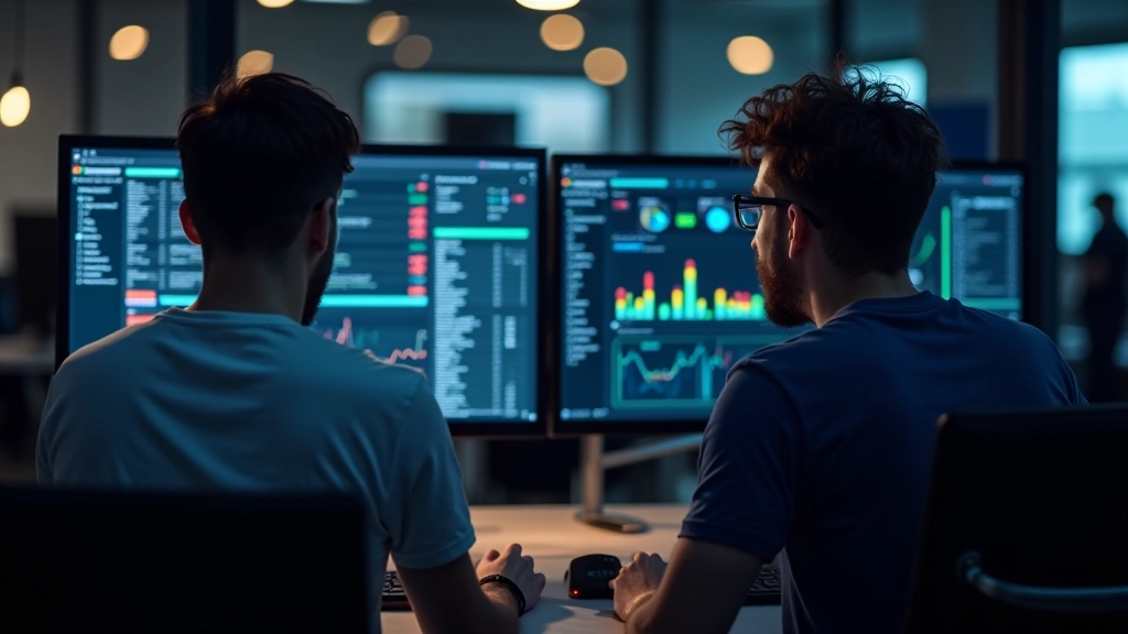 Developer team reviewing test results and player feedback metrics on large monitor